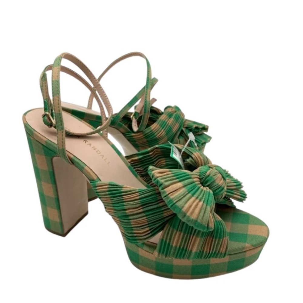 Loeffler Randall Shoe Size 6.5 Green & Tan Leather & Textile Peep Toe Pumps